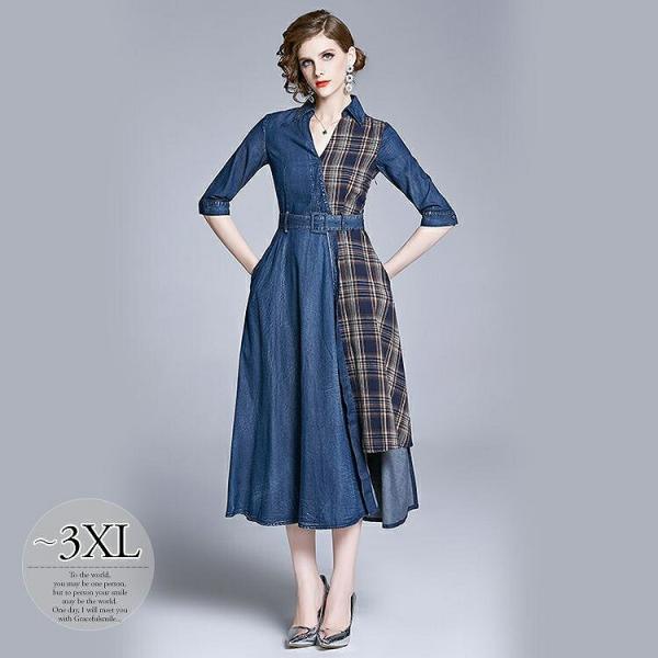 限定モデル 襟付き 女子会 Wgk 大人可愛い 大人カジュアル ワンピース リゾート ママスタイル デート デニム生地 チェック柄 ガーリー ウエストマーク アシンメトリー Fzasf 投げ売り Jlt Polinema Org