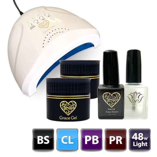 商品詳細商品名 ベース+クリア+アシッドレスプライマー+プライマーボンダー＋48Wライトセットセット内容 グレースジェルベース 15ml×1グレースジェルクリア 15ml×1グレースジェル　プライマーボンダー15ml×1プレミアムアシッドレ...