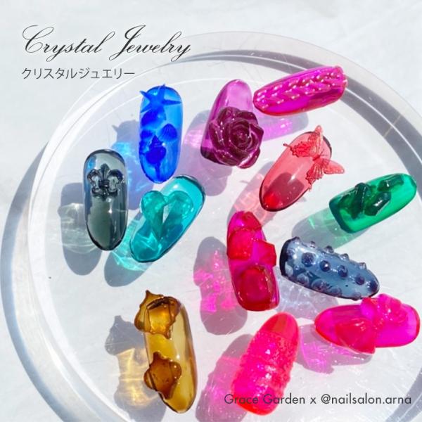 カラージェル クリアカラー シアーカラー 透明色 透明カラー 発色抜群 HEMAフリー ジェルネイル商品名：クリスタルジュエリー商品説明：一度塗りで高発色なのにクリア感が抜群のクリアカラージェル。クリア感を最大限に表現できるよう、透明度の高...