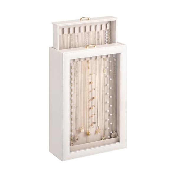 Lolalet ネックレスオーガナイザーボックス 2層ジュエリーディスプレイホルダー ネックレス用 透明窓付き吊り下げ収納ケース レディース -ホワイト