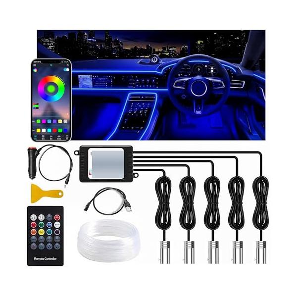 アンビエントライト 車 ledテープライト、RGB 5IN1 USB式/シガー式電源対応 車内ライト、無限調色 調光可能 音反応変色 雰囲気、6M長さ調節、スマホアプリコント