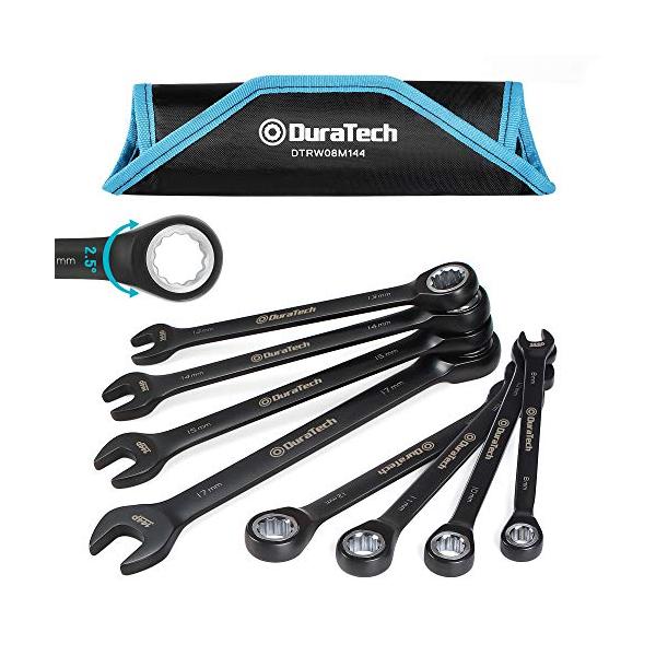 DURATECH コンビネーションレンチ ラチェットレンチセット 板ラチェット スパナ 144ギア 8*17mm CR-V製 黒クロムメッキ済 組み立て DIY 収納袋付 8本組