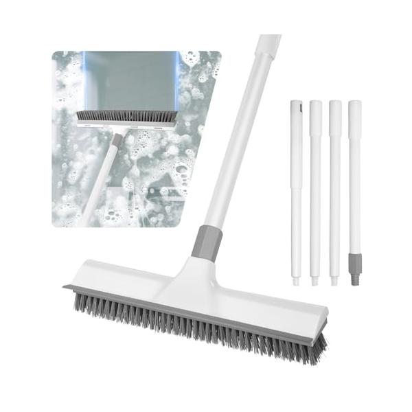 デッキブラシ ベランダ 風呂 掃除ブラシ 2 in 1 水切りワイパー デッキブラシ * 屋外 幅35.5cm 4段ポール 48cm-152cm 伸縮可能  より長くより広く  タイル/玄関/