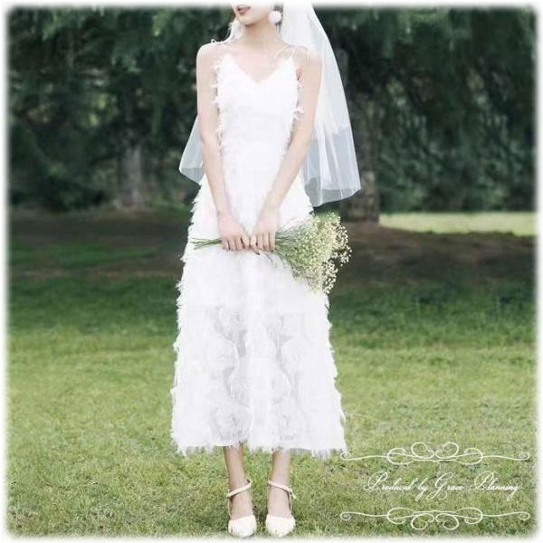 ウェディングドレス 二次会 白 ミモレ丈 アンクル丈 フェザーモチーフ ウエディングドレス Weddingdress 花嫁ドレス Gcd Gcd グレースシトラスys 通販 Yahoo ショッピング
