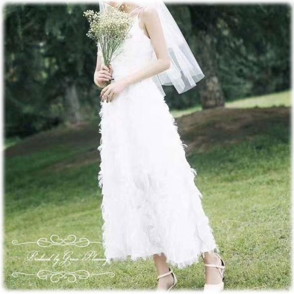 ウェディングドレス 二次会 白 ミモレ丈 アンクル丈 フェザーモチーフ ウエディングドレス Weddingdress 花嫁ドレス Gcd Gcd グレースシトラスys 通販 Yahoo ショッピング