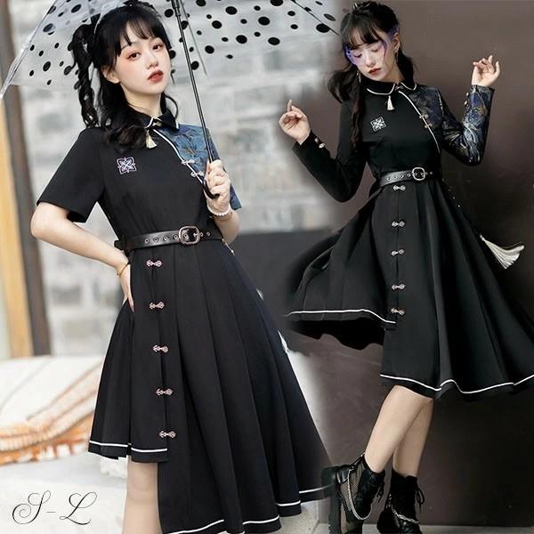 ロリータ チャイナワンピース 中華風 和柄 ベルト付き 半袖 長袖