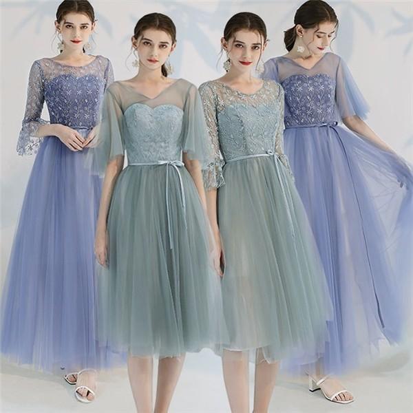 パーティードレス レディース レースドレス 緑 ブルー ミモレドレス 青 グリーン ロングドレス 袖あり 締め上げタイプ 編み上げドレス 結婚式 Dl040l6 グレースショップ 通販 Yahoo ショッピング