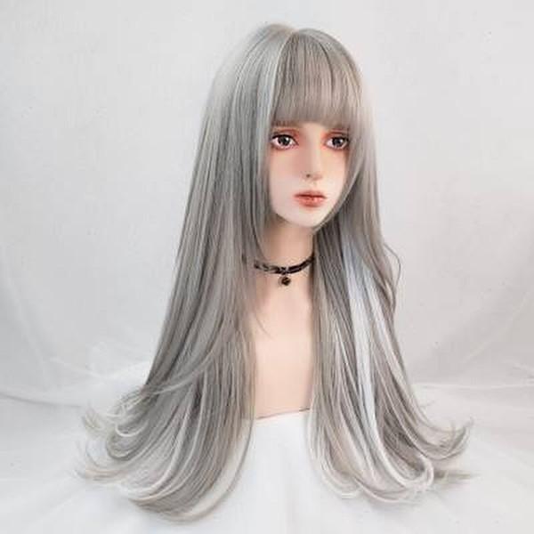 フルウィッグ ロング ストレート グレー シルバー 銀 ホワイトメッシュ