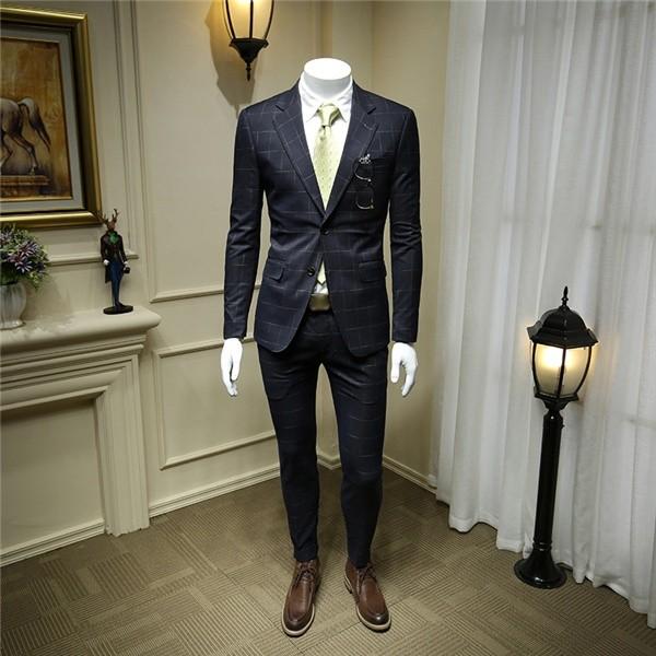 ツーピース メンズ ビジネススーツ スーツセットアップ チェック柄 ダークブルー 濃い紺 細身 紳士服 結婚式 面接 スリム 薄め 春夏 2点セット Eg002x1 グレースショップ 通販 Yahoo ショッピング