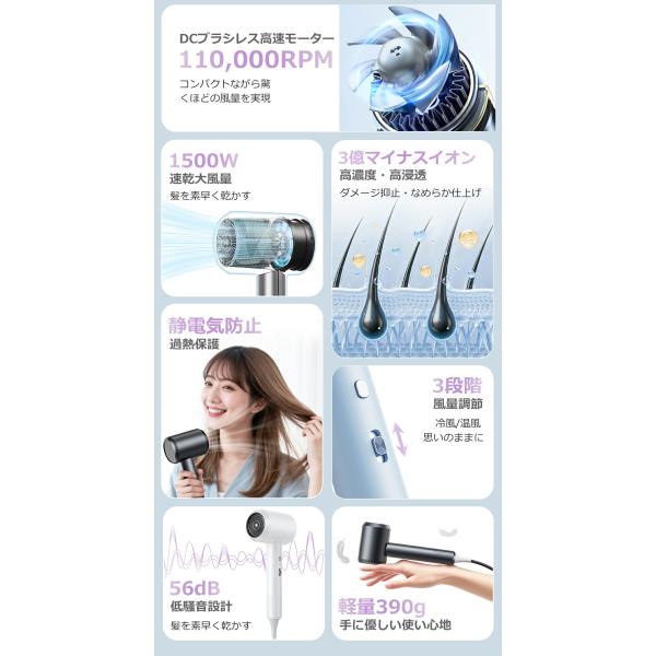�h���C���[ �啗�� 1500W ���� �w�A�h���C���[ 3�����Z�x�}�C�i�X�C�I�� �������P�E�Ód�C�h�~ �h���C���[ �啗�� ��M�� 3�i�K���� �ᑛ�� �ߔM�ی� �m�Y���E�� ���i�摜4