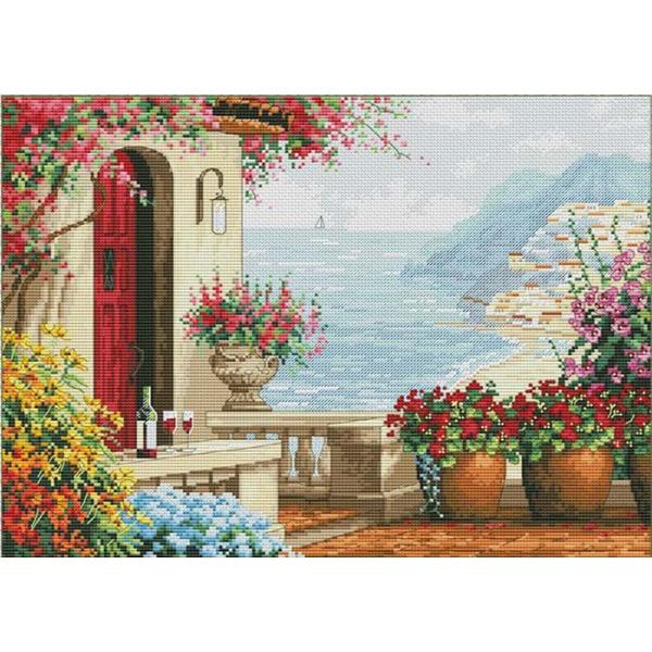 新品　ハンドメイド　クロスステッチ　完成品　特大　14ct（地中海の町） 新品 ハンドメイド クロスステッチ 完成品 特大 14ct（地中海の
