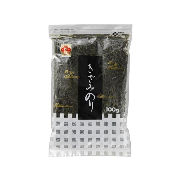 【 商品情報 】商品名 ： 松印きざみのりJANコード ： 4973630103563賞味期限 ：  ９ヶ月※商品に記載内容量／ラインナップ ： 100g:袋・3mmカット原材料： 乾のり（国内製造）ケース単位(入数)： 10保存方法：直射...