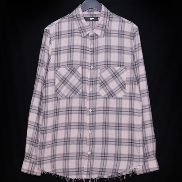 AMIRI カットオフエッジ フランネルチェック長袖シャツ Sサイズ ピンク