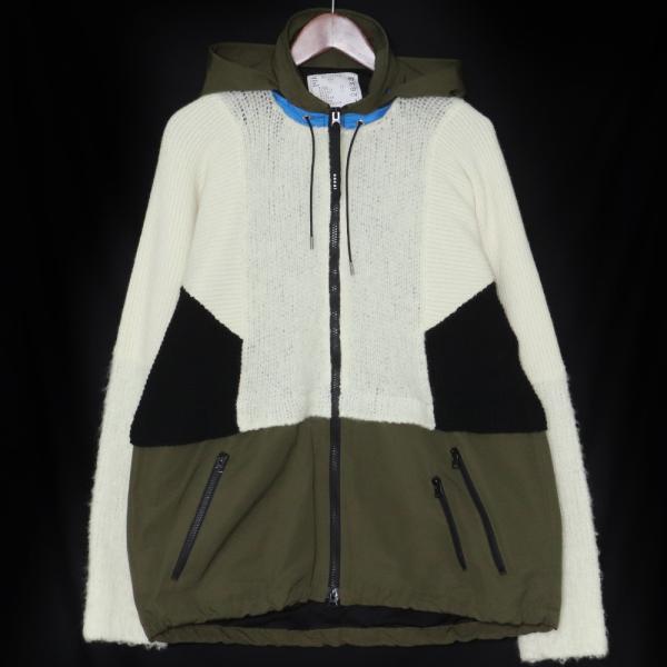 SACAI Wool Knit Hoodie サイズ1 カーキ ホワイト 21-02633M サカイ