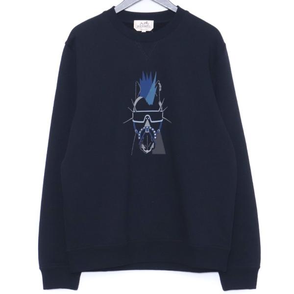 【値下げ】HERMES スウェットパーカー HERMES パンク H クルーネックスウェットトレーナー Lサイズ ネイビー