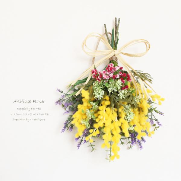 ミモザ＆ホワイトレースフラワ＆ラベンダー ユーカリ リース スワッグリース リース 造花 アーティフィシャルフラワー