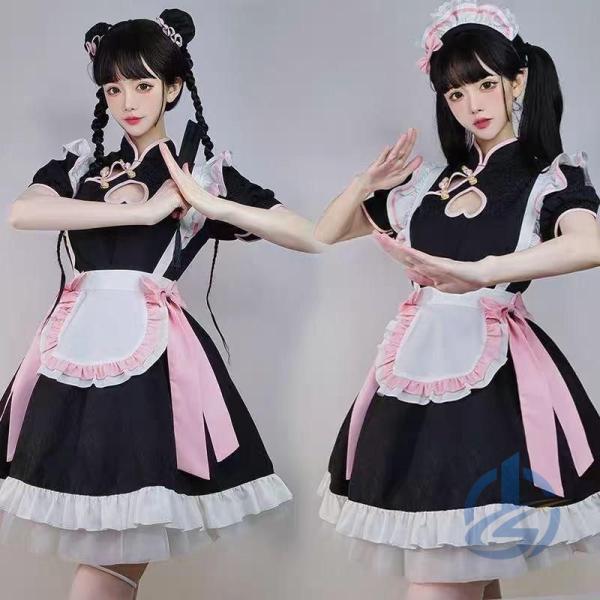 チャイナ メイド服 コスプレ チャイナドレス ロリータ ワンピース 仮装 半袖 萌え レディース ioso 可愛い こすぷれ 蝶結ぶ 喫茶店 日常使い 通勤 通学 快適