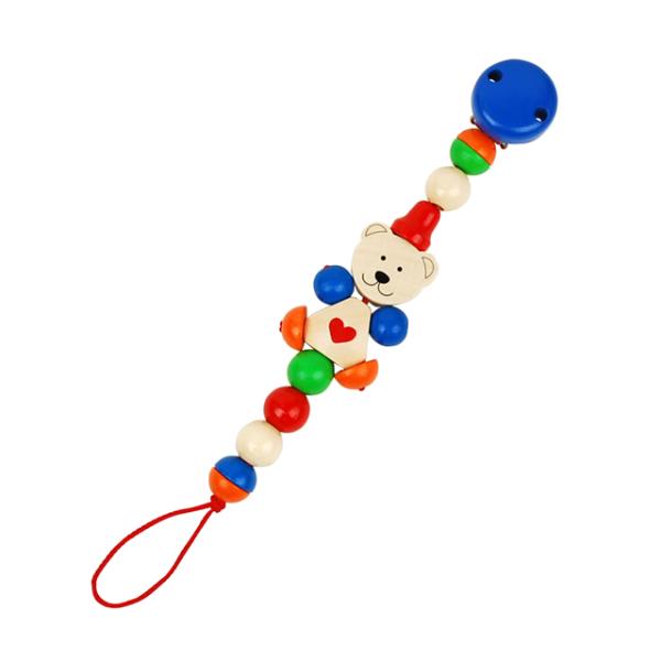 ビーズの先にある紐におしゃぶりをつけることが出来る木のおもちゃホルダーです。片側はクリップになっており、衣服やスタイにつけておもちゃの落下や紛失を防止する便利グッズ。男女兼用でお使いいただける色合いで、ハートのついたくまさんが赤ちゃんの可愛...