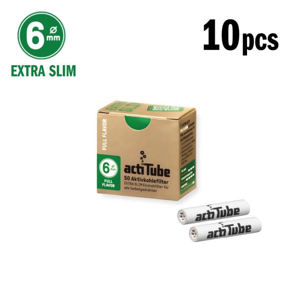 actiTubeフィルター EXTRA SLIMサイズ10個入。活性炭フィルターはタールを除去すると言う健康面でのメリットだけではなく 、水パイプでも除去しきれない焦げ臭さや喉への不快感を与える有害物質までをも吸着してくれる優れたフィルター...