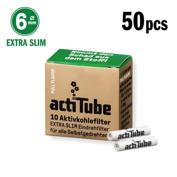 actiTubeフィルター EXTRA SLIMサイズ50個入。活性炭フィルターはタールを除去すると言う健康面でのメリットだけではなく 、水パイプでも除去しきれない焦げ臭さや喉への不快感を与える有害物質までをも吸着してくれる優れたフィルター...
