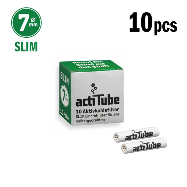 actiTubeフィルター SLIMサイズ10個入。活性炭フィルターはタールを除去すると言う健康面でのメリットだけではなく 、水パイプでも除去しきれない焦げ臭さや喉への不快感を与える有害物質までをも吸着してくれる優れたフィルターです。煙を滑...