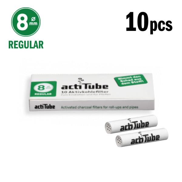 actiTubeフィルター レギュラーサイズ10個入。活性炭フィルターはタールを除去すると言う健康面でのメリットだけではなく 、水パイプでも除去しきれない焦げ臭さや喉への不快感を与える有害物質までをも吸着してくれる優れたフィルターです。煙を...