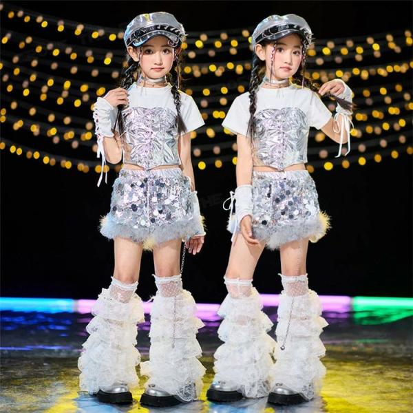 k-pop 衣装 シルバー キラキラ スパンコール キッズダンス衣装