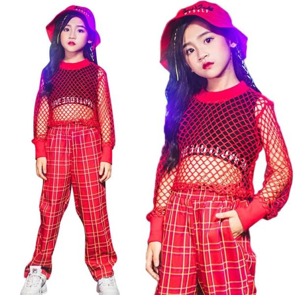 赤 チェック柄 網 シャツ k-pop 衣装 キッズダンス衣装 セットアップ メッシュ ベスト パンツ へそ出し トップス 女の子 ヒップホップ ジャズダンス ロングパン