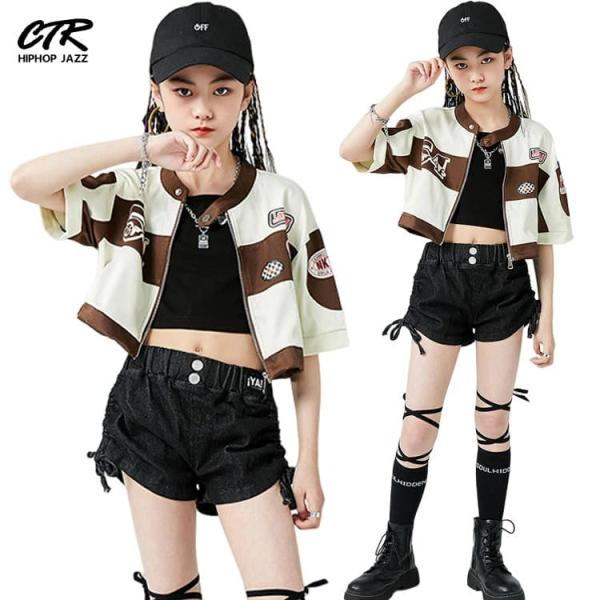 キッズダンス衣装 セットアップ 黒 ジャケット k-pop 衣装 へそ出し タンクトップ ズボン ヒップホップ カーキ 半袖 チアガール チアダンス ジャズダンス 半ズボ