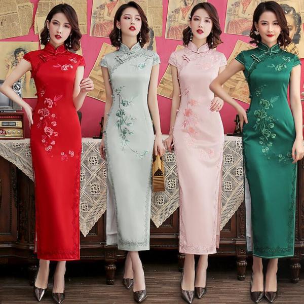花柄チャイナドレス ロング丈チャイナドレス 半袖 レディースワンピース 華流ドレス チャイナボタン 刺?花柄 スリット ダンス衣装 中華古典風 細見え 撮影 二次