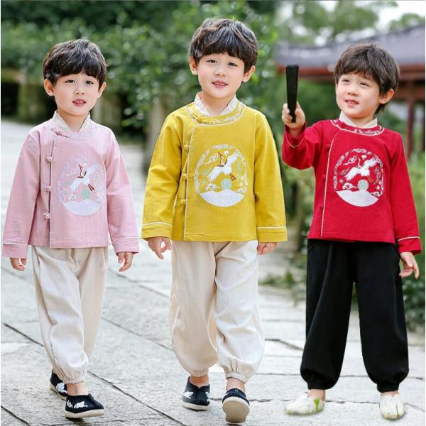 子供リネンシャツ 子供唐装 上下セット リネンパンツ 刺繍柄 綿麻 中華古代服 キッズ漢服 キッズ唐装 舞台衣装 ステージ衣装 中華服 チャイナ服 中華風 チャイナ