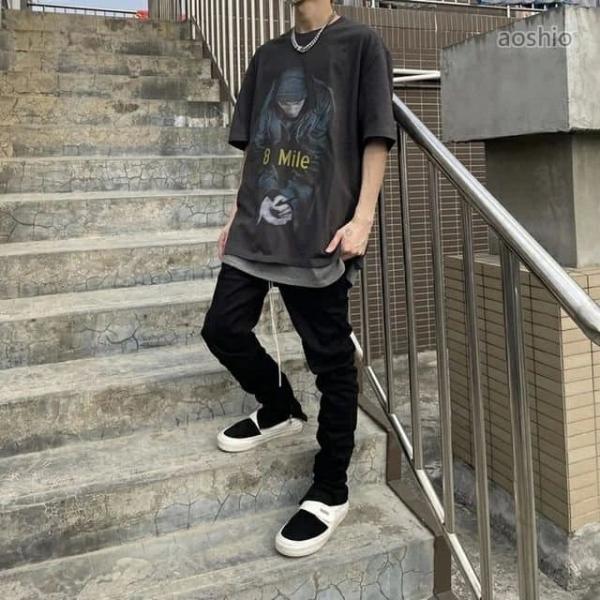 スケーター HIPHOP スポーツ ストリート ダンス衣装 黒 半袖 男女兼用 8Mile Tシャツ