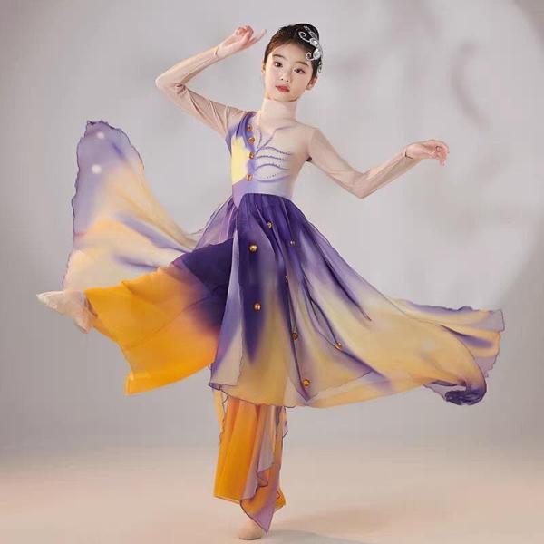 子供 古典ダンス衣装 ジュニア 女の子 古典舞踊ウェア グラデーショワンピース ダンスウェア ダンス練習着 団体服 演出服 舞台ステージ演出 レッスン着 古典ダン