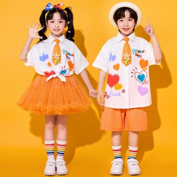 白xオレンジ系 上下セット 子供舞台演出服 女の子 男の子 ネクタイ 半袖シャツ ハート柄プリントシャツ チュチュスカート ショート丈パンツ ネクタイ 靴下付き