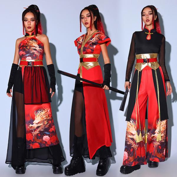黒 赤 金 チャイナ風 レディース ジャズ ダンス衣装 演出服 セットアップ 龍柄 大人 女子グループ ステージ衣装 派手 おしゃれ DSダンス クラブ バー イベント