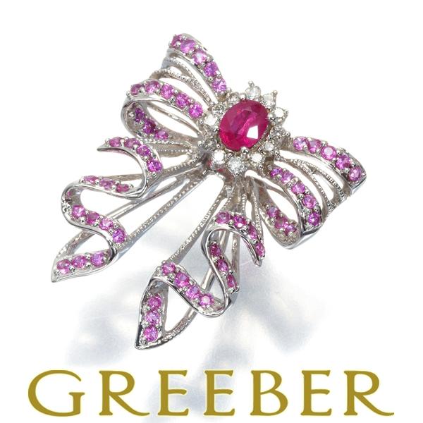 ルビー 0.18ct ピンクサファイア 0.30ct ダイヤ リボン ペンダント  