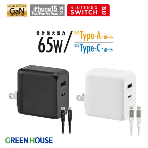 グリーンハウス USB-AC充電器 2ポート 急速充電 65W キューブ型充電器 ACアダプター Switch対応 2台同時充電 PD対応 高出力 Type-Cケーブル付 GH-ACU2GC