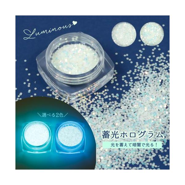 暗闇で光る！蓄光タイプのホログラムです＾＾ネイルにもおススメ♪太陽光や蛍光灯の光を蓄えて暗い場所で発光する特性をもちます。商品の発光している写真はUVライトで3分ほど照射したのちに暗所で撮影をしております。○数量１ケース（選べる2色）○サイ...