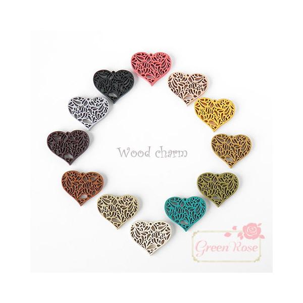 カラーウッドチャーム デザインハート 全12色 10個 1901 木製 YM1-0899