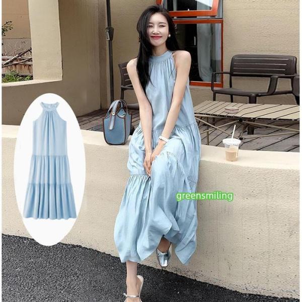 春夏リゾート旅行に最適❤️シンプルロングワンピース リゾートワンピース レディース サマードレス ワンピース ブルー