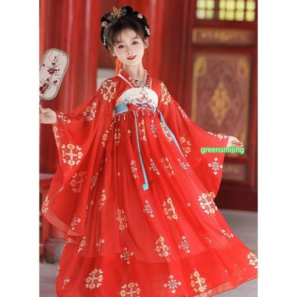 子供 漢服 お姫様 中国古代服装 赤 華やか 中華服 漢服ドレス 金色のプリント 姫袖 振袖 フリルスリーブ 中華古代古典 中華ドレス 女の子 中華  イベ
