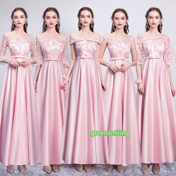 ブライズメイド ドレス ロング丈 二次会 5タイプ 袖あり Vネック ラウンドネック オフショルダー フリル パーティードレス