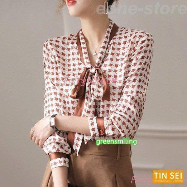 ブラウス レディース 長袖ブラウス 秋服 オフィスブラウス リボンネック オシャレブラウス プリントトップス 韓国風 大人  通勤OL ゆったりシャツ 40代 ブラウス レディース 長袖ブラウス 秋服 オフィスブラウス