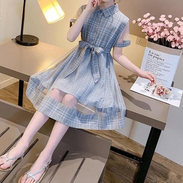 子供服 韓国 小学生 レース ドレス チェック ワンピース くすみカラー 通学 女の子 キッズ ダンス 半袖 夏 発表会 12808