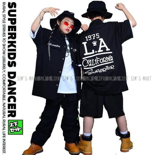 ・個性的で派手かわいいキッズのダンス衣装【シャツ＋パンツ】の上下2点セット。・原宿系、ストリート系、K-POP系のカッコいいヒップホップダンスファッション!!・ダンスチームの衣装としてや普段着にもおしゃれ★・豊富なサイズ展開でチームで揃えや...