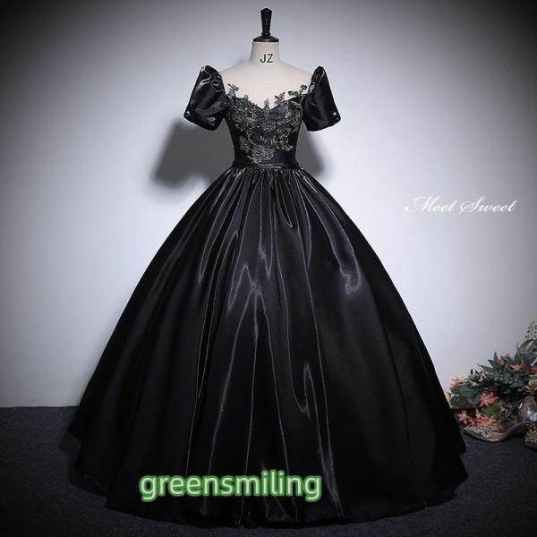 カラードレス プリンセスライン ロングドレス ブラック 黒 半袖 サテン