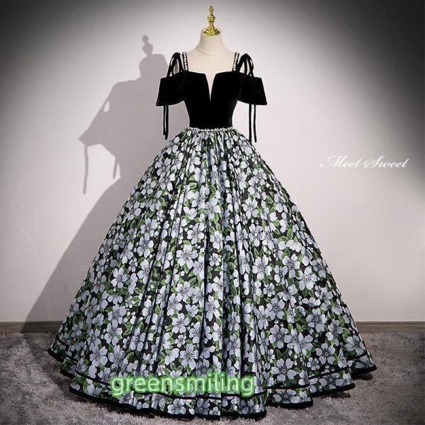 カラードレス プリンセスライン ブラック 花柄 リボン 編み上げ ロング