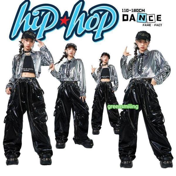 シルバー 長袖 シャツ ジャケット 光沢 女の子 子供服 ダンス衣装 Y2K jazz k-pop 黒 キャミソール へそ出し 革 フェイクレザー ブラック カーゴパンツ ズボン