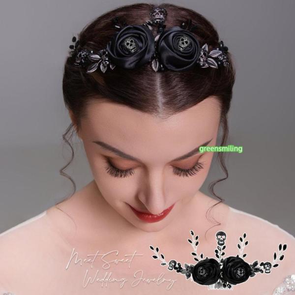 ヘッドドレス ドクロ×花モチーフ コーム  ブラック どくろ フラワー ゴシックロリータ 髑髏 ヘアコーム ゴシック 撮影 コスプレ