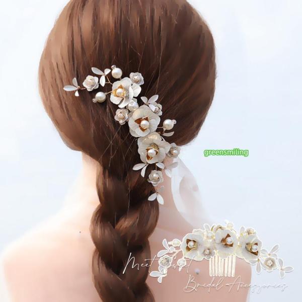 ヘッドドレス コーム フラワー 髪飾り ヘアアクセサリー 二次会 発表会 結婚式 花嫁 和装 着物 卒業式 パーティー ウェディング ブライダル ゴールド ヘアコーム